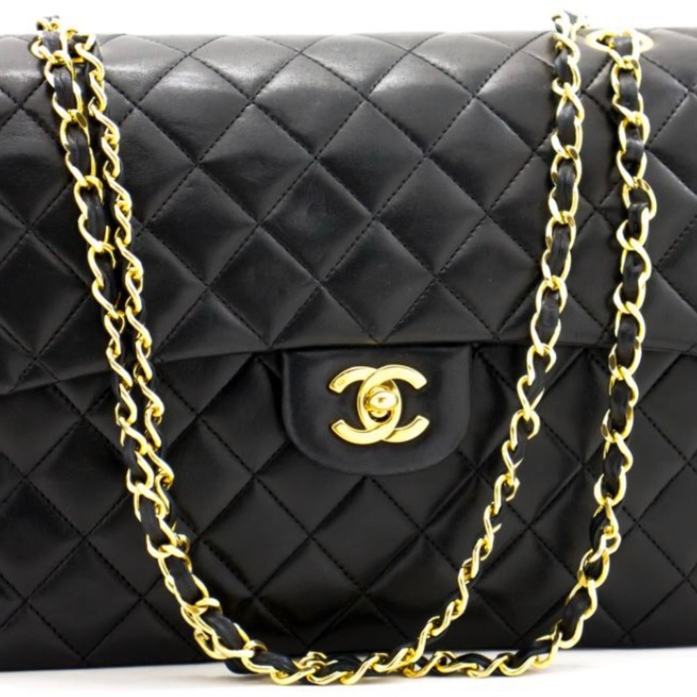 CHANEL Authentic 2.55 Double Flap Square Chain Shoulder Bag Black Lambskin
